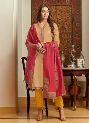 Beige And Pink Embroidered Pant Style Suit