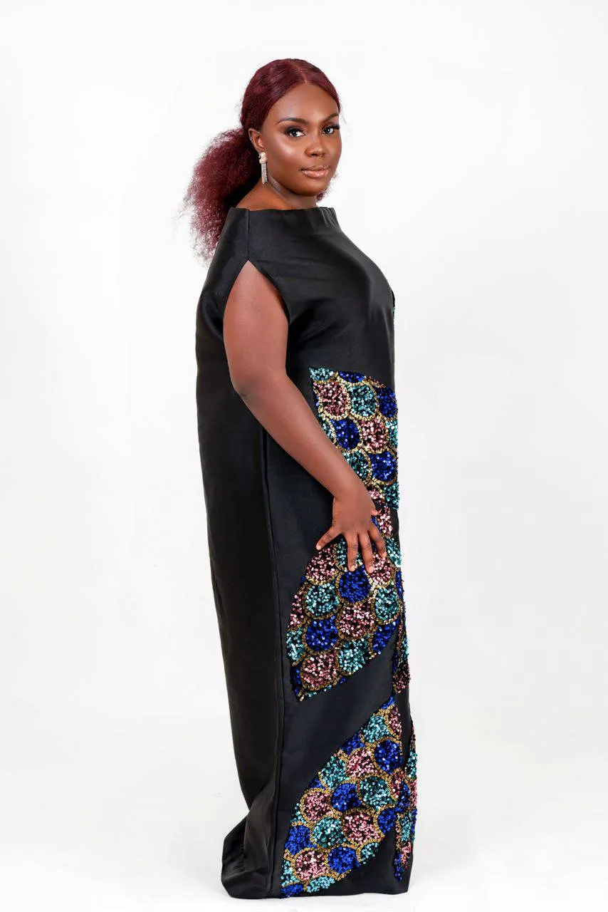 Black Goddess Maxi African kaftan boubou mikado silk dress with multicolored sequin