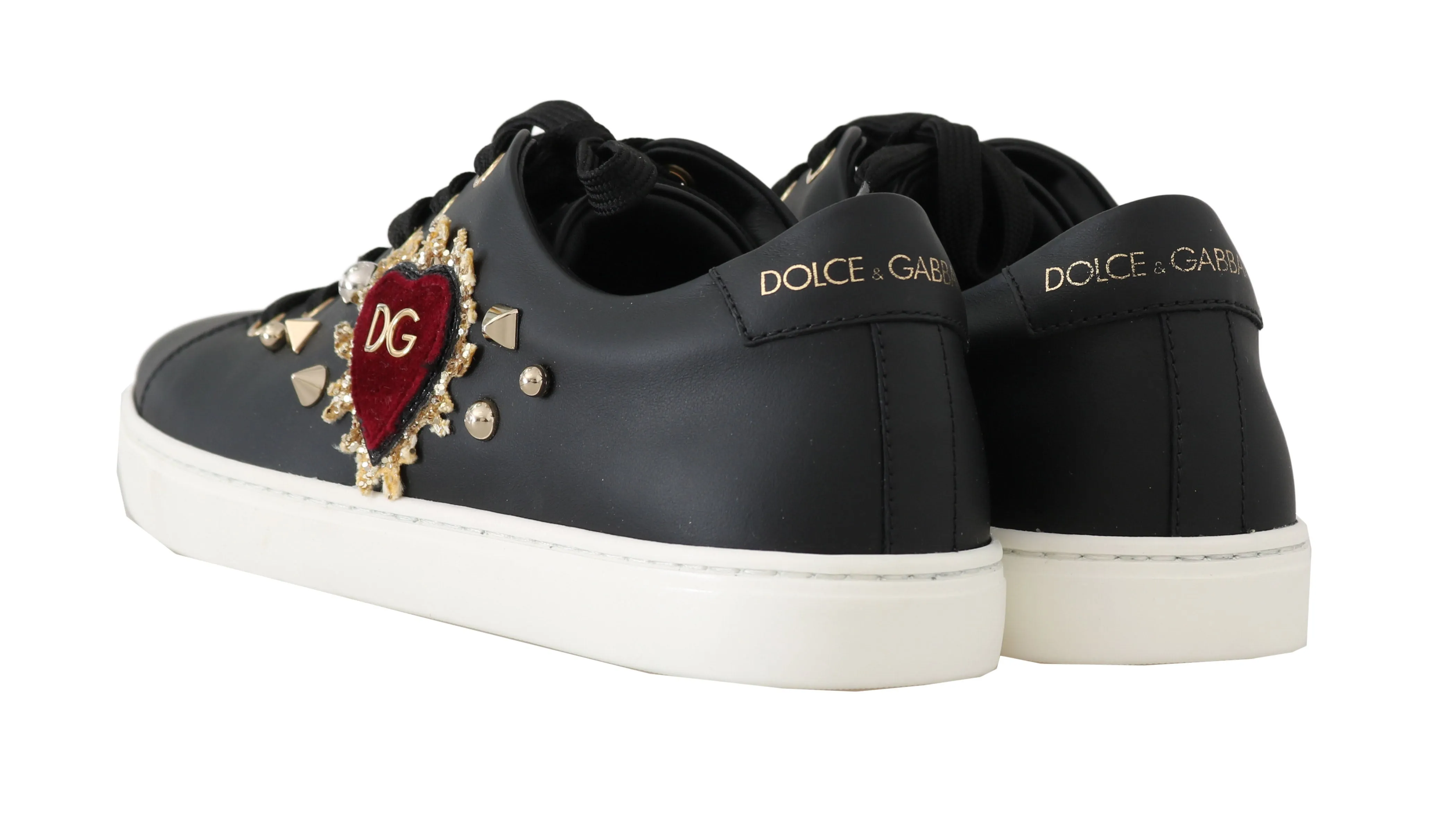 Black Leather Gold Red Heart Sneakers