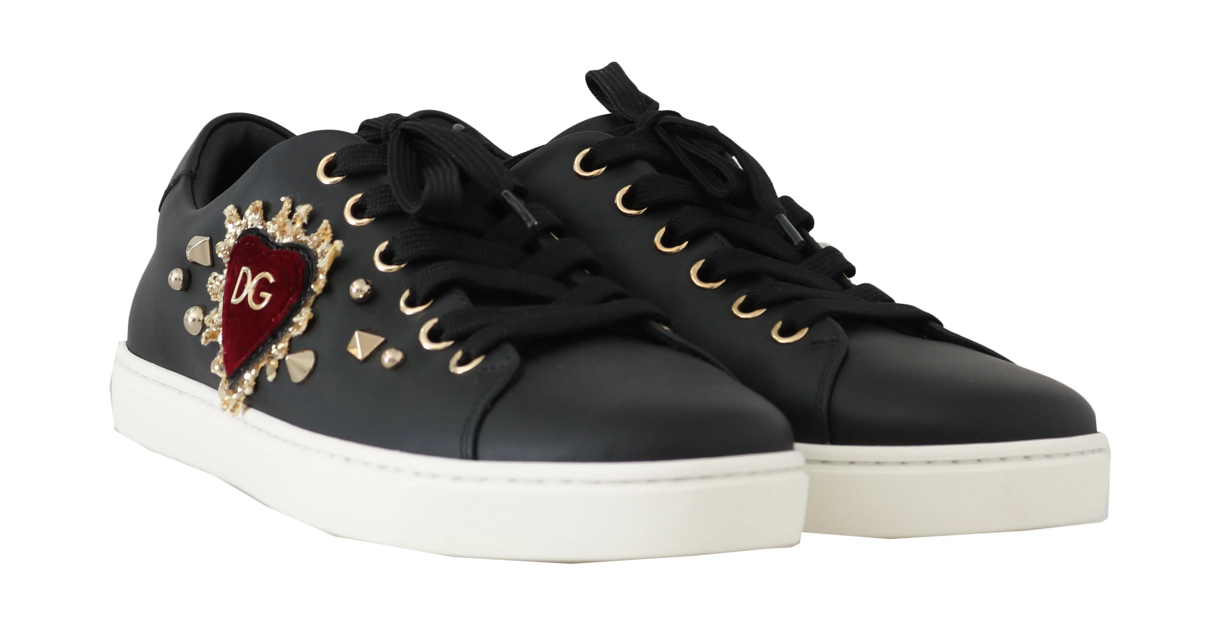 Black Leather Gold Red Heart Sneakers