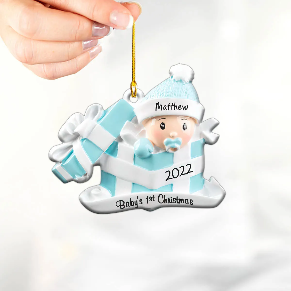 Blue & White Baby in Present Personalized Ornament - Personalized Custom Shaped Ornament For Family