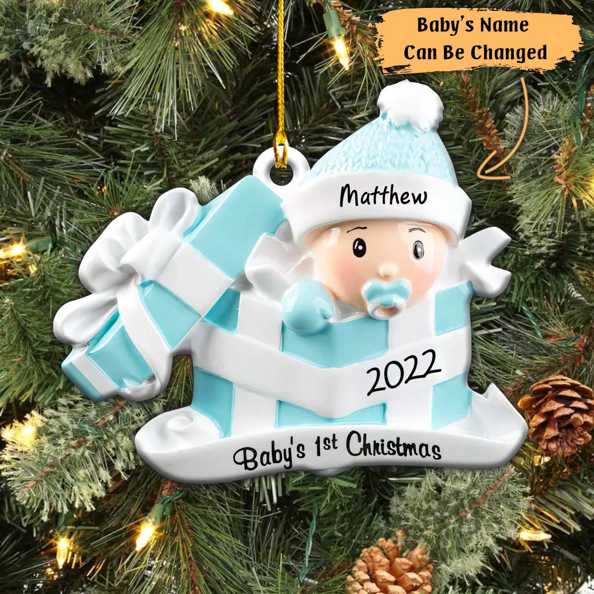 Blue & White Baby in Present Personalized Ornament - Personalized Custom Shaped Ornament For Family