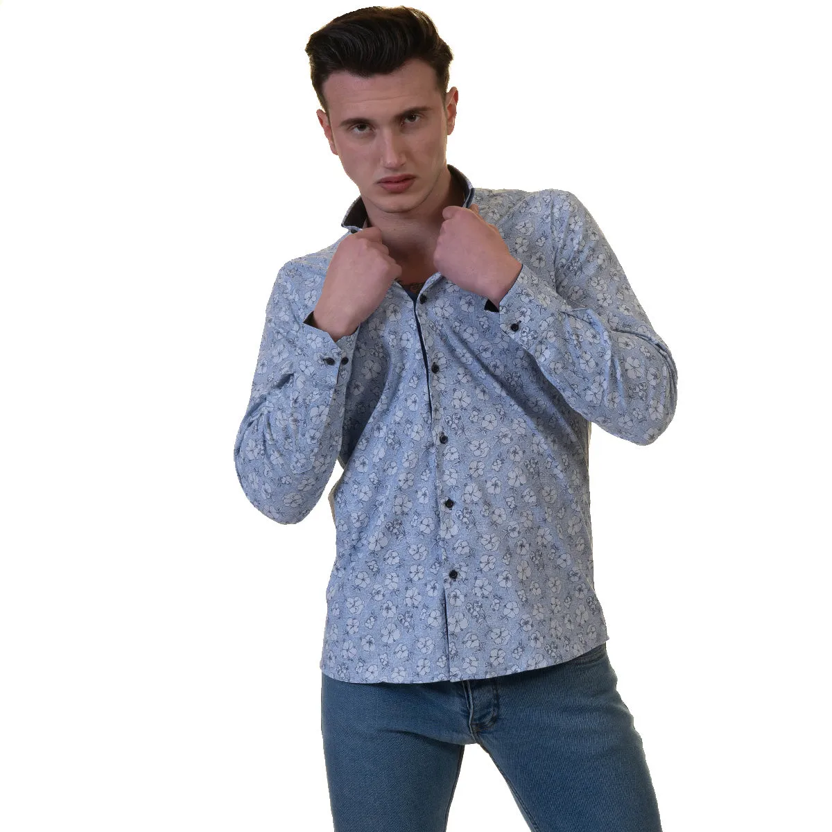 Blue Floral Mens Slim Fit Designer French Cuff Shirt - tailored Cotton Shirts for Work and Casual Wear