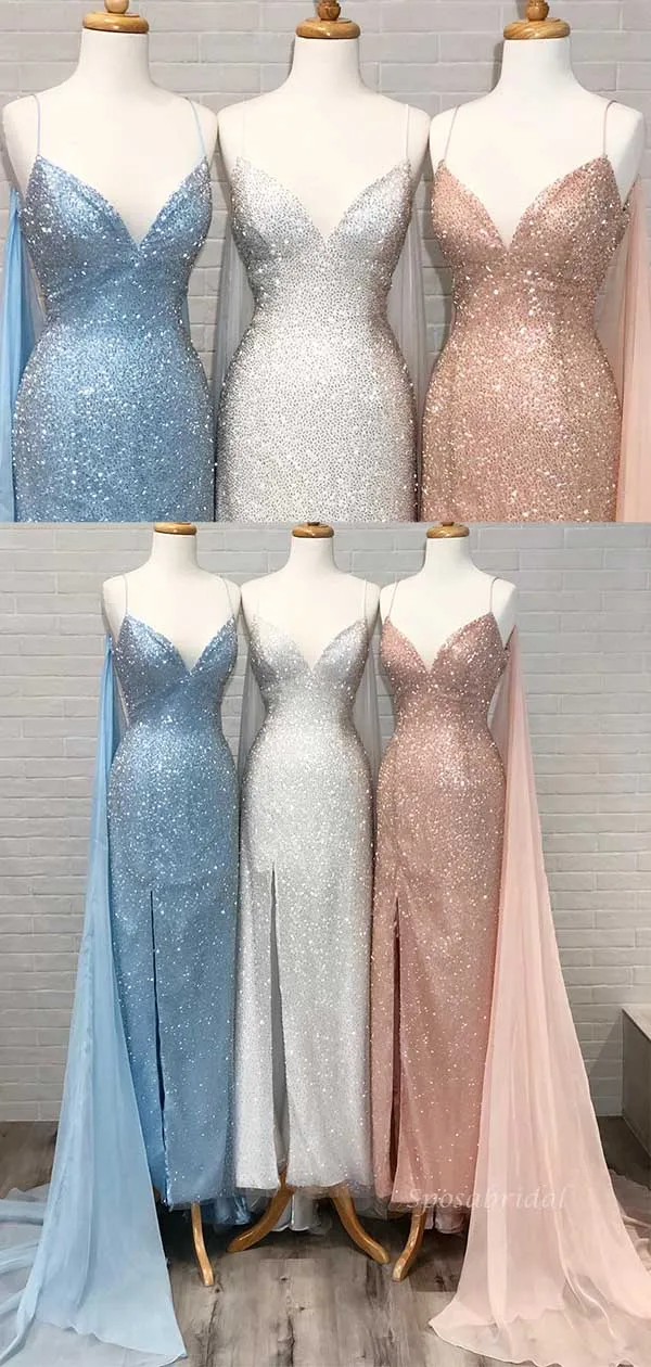 Blue Silver Spaghetti Straps Sequin Mermaid Modest  Prom Dresses PD2201