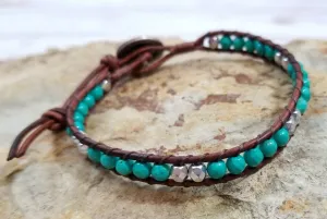 Boho Turqoise/Silver Beaded Leather Bracelet (Brown)