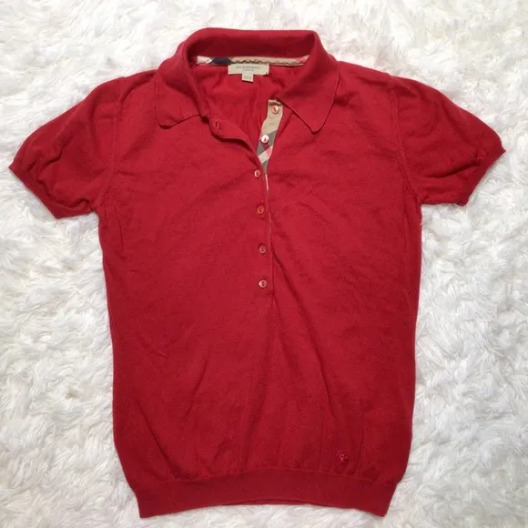 Burberry Plaid Red 100% Cotton Polo Collar Sweater Preppy Logo Horse Tan Soft Sm