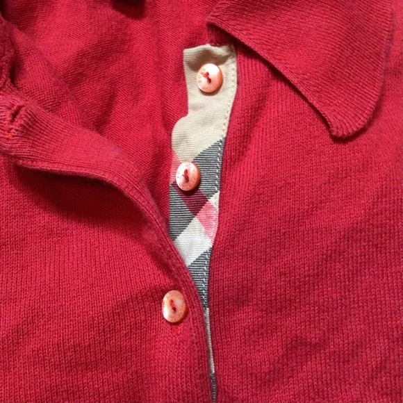 Burberry Plaid Red 100% Cotton Polo Collar Sweater Preppy Logo Horse Tan Soft Sm
