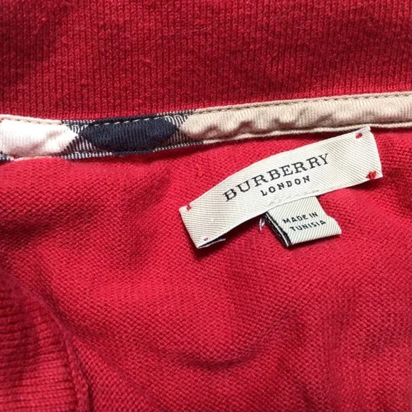 Burberry Plaid Red 100% Cotton Polo Collar Sweater Preppy Logo Horse Tan Soft Sm