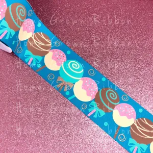Cake Pops 3" USDR Grosgrain Ribbon Tornado Blue - Light Gold Glitter