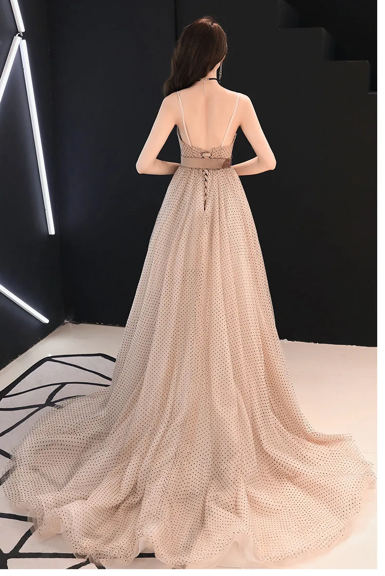 Champagne Tulle Straps Long Prom Gown, Beautiful Lace-up Party Dress