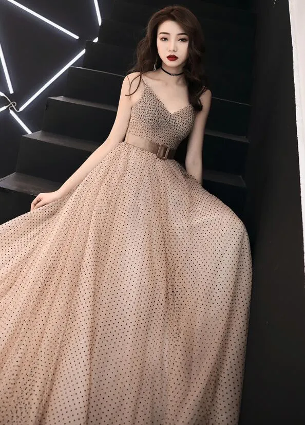 Champagne Tulle Straps Long Prom Gown, Beautiful Lace-up Party Dress