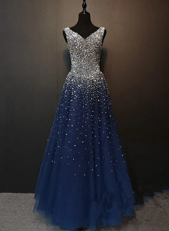 Charming Navy Blue Beaded V-neckline Long Party Dress, Sparkle Formal Gown