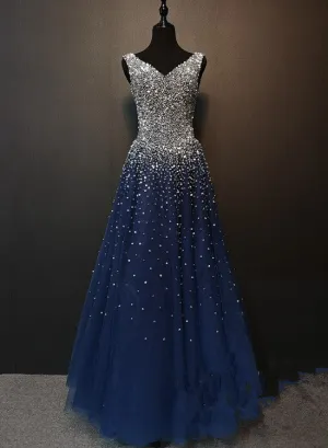 Charming Navy Blue Beaded V-neckline Long Party Dress, Sparkle Formal Gown