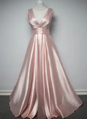 Charming Pink Satin V-neckline Long Party Dress, New Prom Dress
