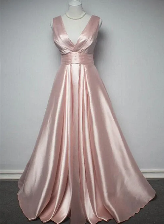 Charming Pink Satin V-neckline Long Party Dress, New Prom Dress