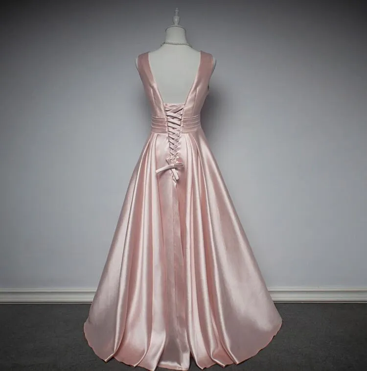 Charming Pink Satin V-neckline Long Party Dress, New Prom Dress