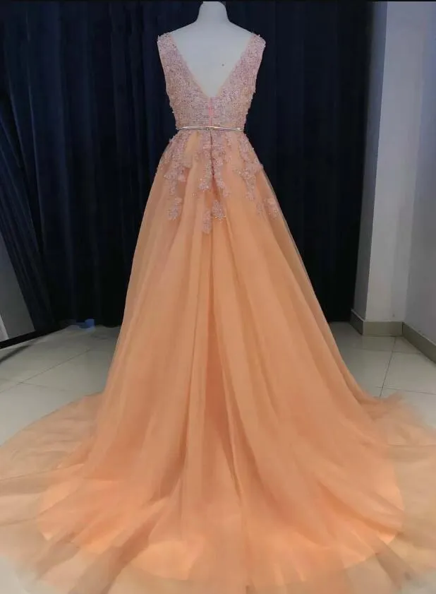Charming Prom Dresses V-neck Gold Sash,  A-line Sweep Train Long Evening Dress