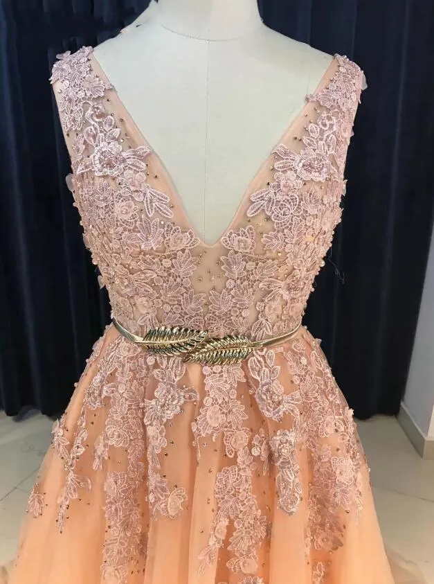Charming Prom Dresses V-neck Gold Sash,  A-line Sweep Train Long Evening Dress