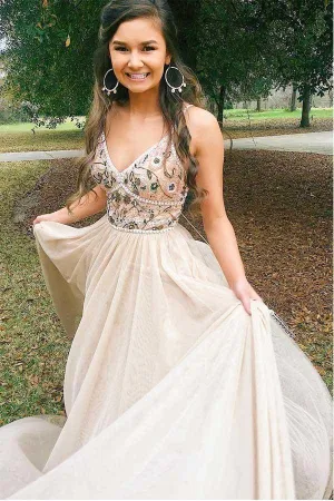 Chic Spaghetti Straps Low Back A Line Long Prom/Evening Dress TP0927