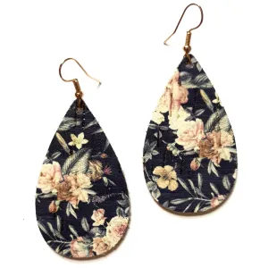 Cork Earrings - Navy Floral Teardrop