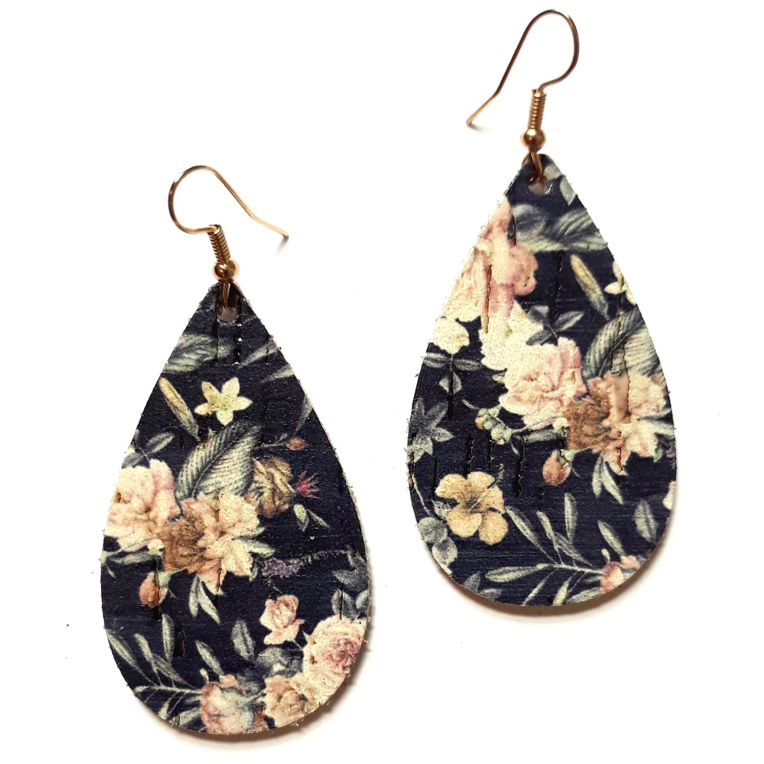 Cork Earrings - Navy Floral Teardrop