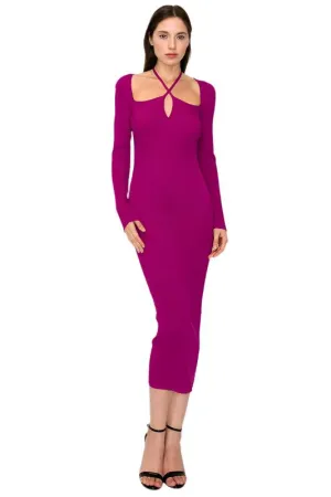 Crossover Neckline Stretch Ribbed Knit Midi Dress Plum