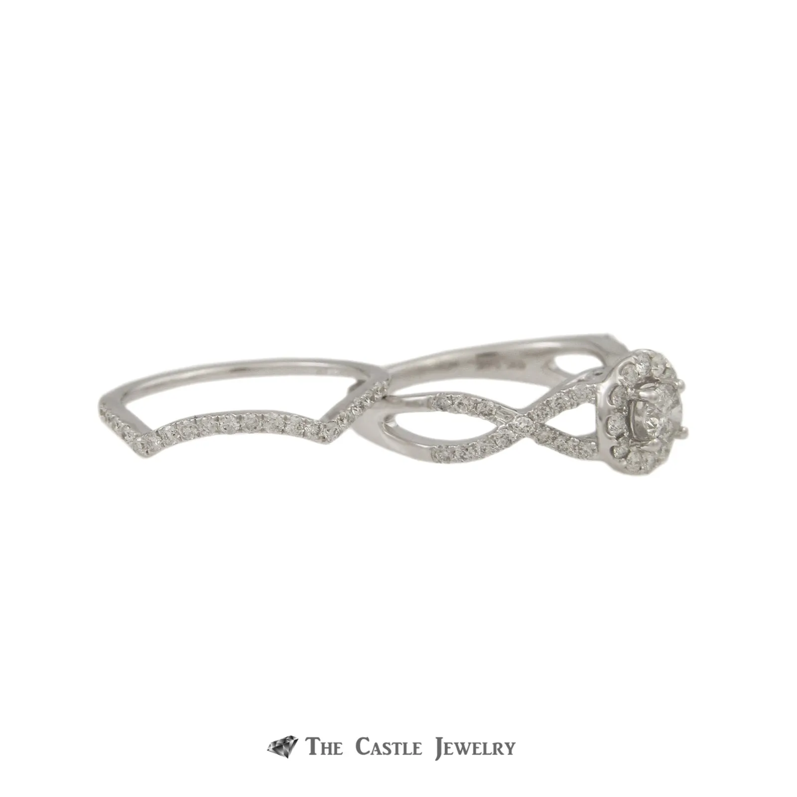 Crown Collection 1cttw Bridal Set Round Diamond Center w/ Diamond Bezel & Cross Over Sides