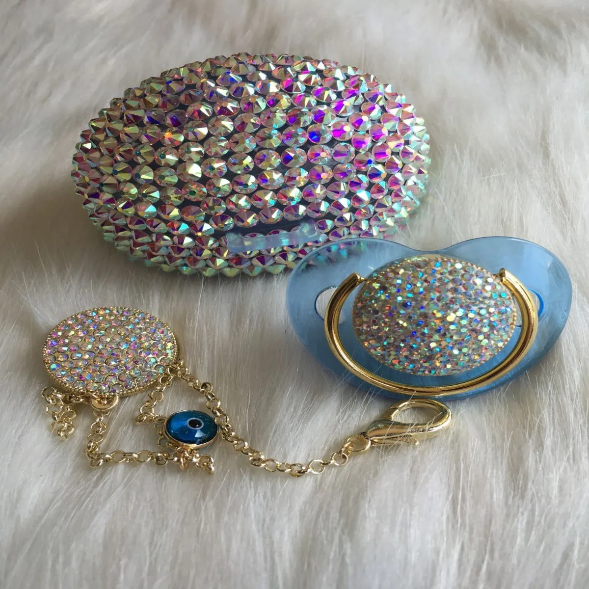 Crystals 3 pieces Pacifier & Clip   Pacifier Box   Shoe & Headband Set