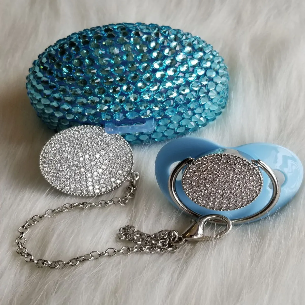 Crystals 3 pieces Pacifier & Clip   Pacifier Box   Shoe & Headband Set