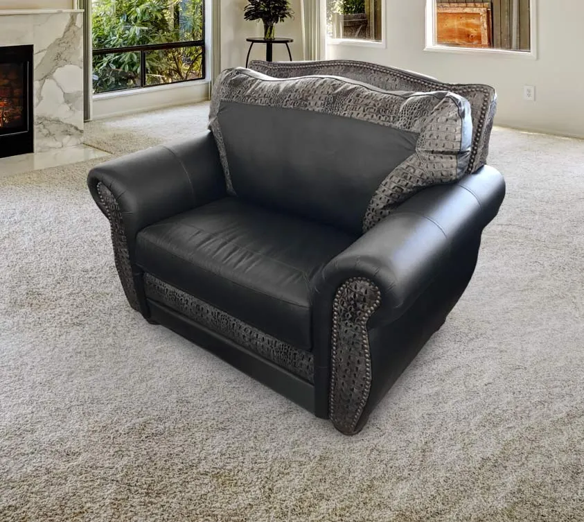 Custom El Dorado Chair-and-a-half in Black Leather With Trim