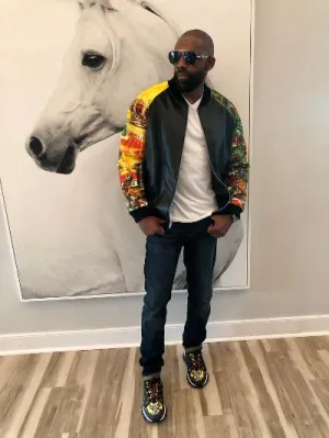 Custom Made Black Lambskin Leather Jacket with Printed Leather Sleeves