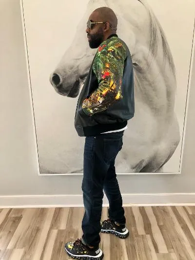 Custom Made Black Lambskin Leather Jacket with Printed Leather Sleeves