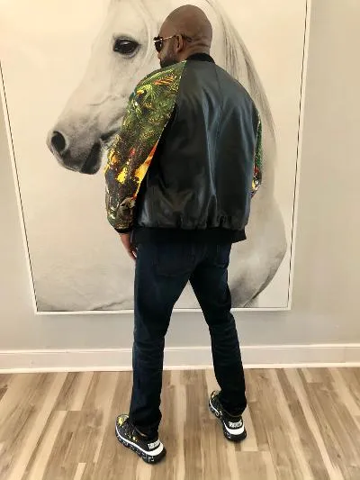 Custom Made Black Lambskin Leather Jacket with Printed Leather Sleeves