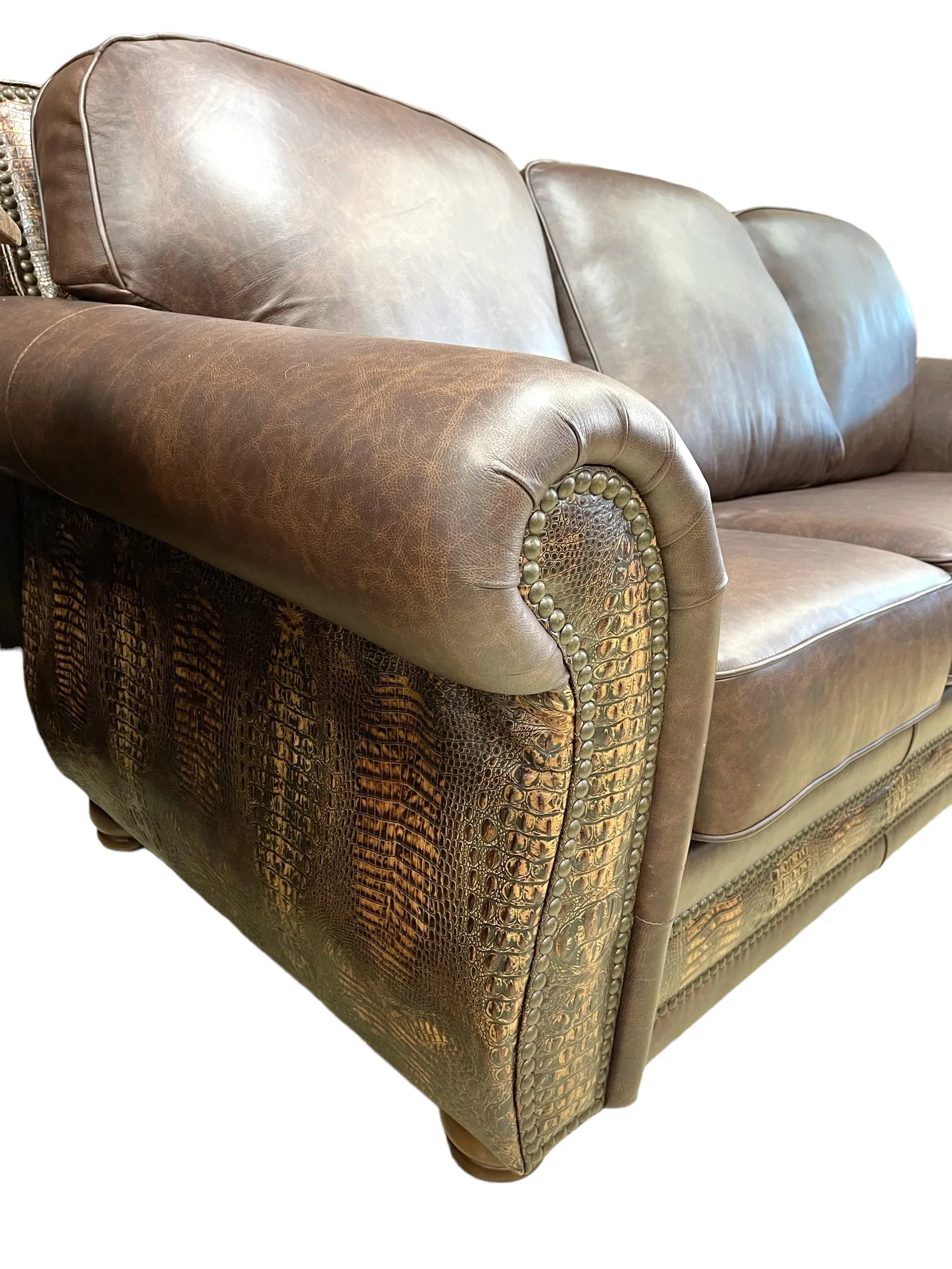 Custom Silverado Sofa in Fargo Brown and Copper Gator Leather