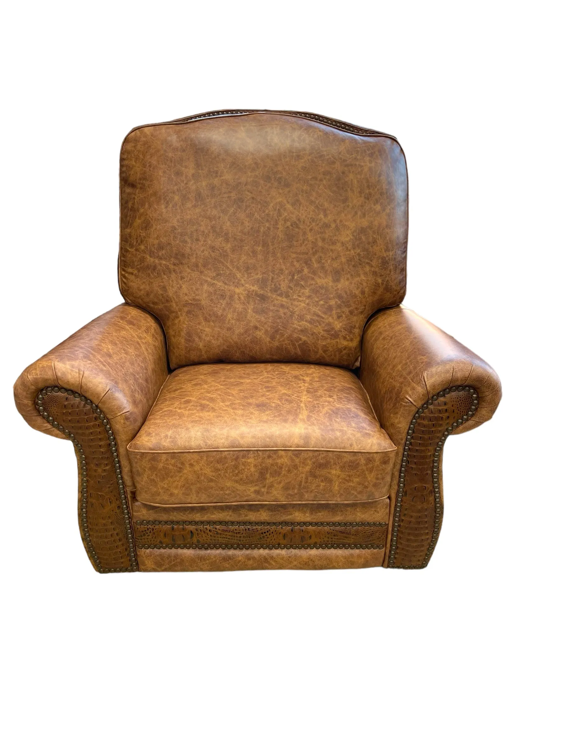 Custom Silverado Swivel, Rocker Recliner in Fargo Whiskey Leather with Hair On Hide & Croc Accents