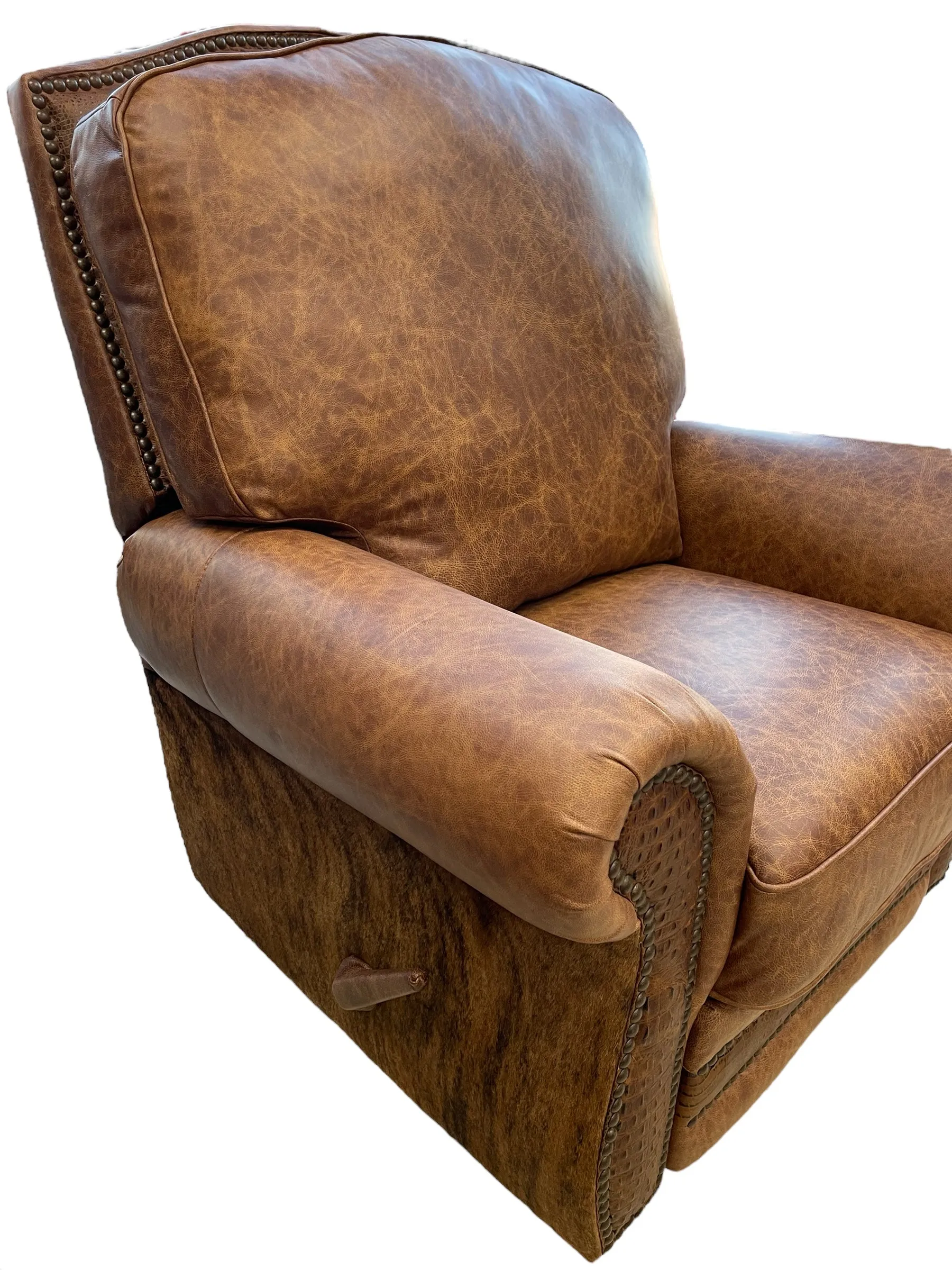 Custom Silverado Swivel, Rocker Recliner in Fargo Whiskey Leather with Hair On Hide & Croc Accents