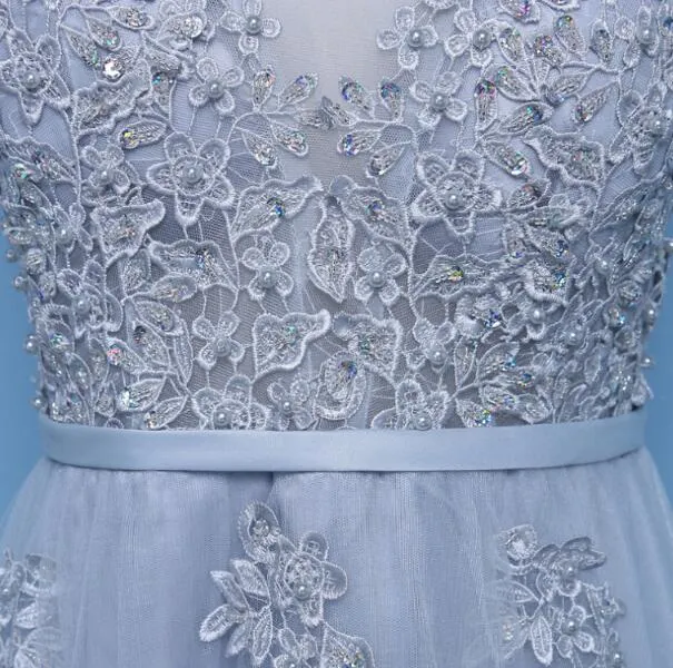 Cute A-line Grey Tulle Long Prom Dress, Lace Applique Party Dress