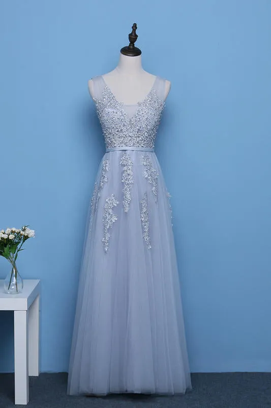 Cute A-line Grey Tulle Long Prom Dress, Lace Applique Party Dress
