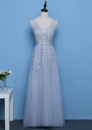 Cute A-line Grey Tulle Long Prom Dress, Lace Applique Party Dress