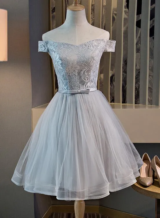 Cute Off the Shoulder Lace and Tulle Knee Length Party Dress, Homecoming Dress