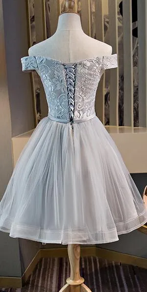 Cute Off the Shoulder Lace and Tulle Knee Length Party Dress, Homecoming Dress