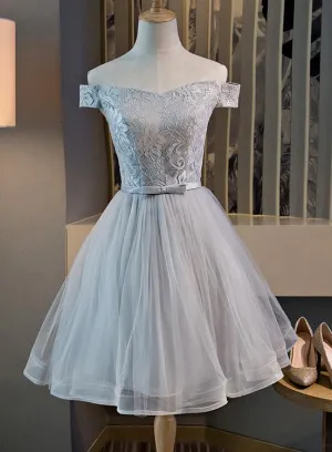 Cute Off the Shoulder Lace and Tulle Knee Length Party Dress, Homecoming Dress