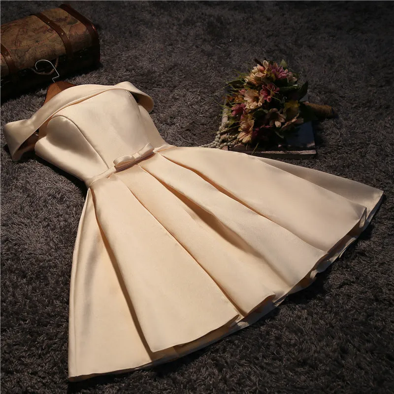 Cute Short Champagne Satin Party Dress,Off Shoulder Prom Dress