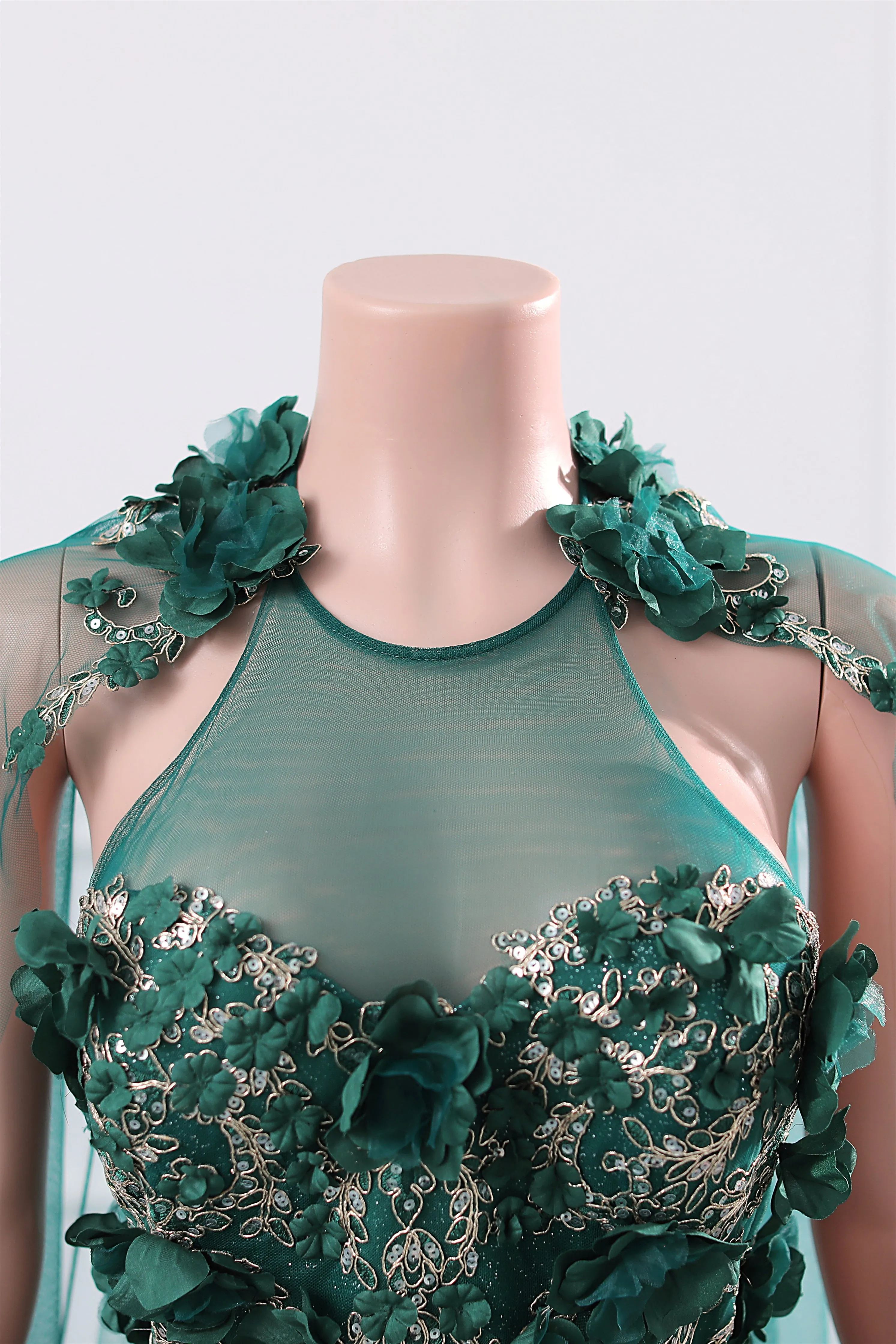Dark Green Appliques Beaded Flowers Ball Gown Qunice Dresses