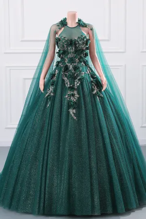 Dark Green Appliques Beaded Flowers Ball Gown Qunice Dresses