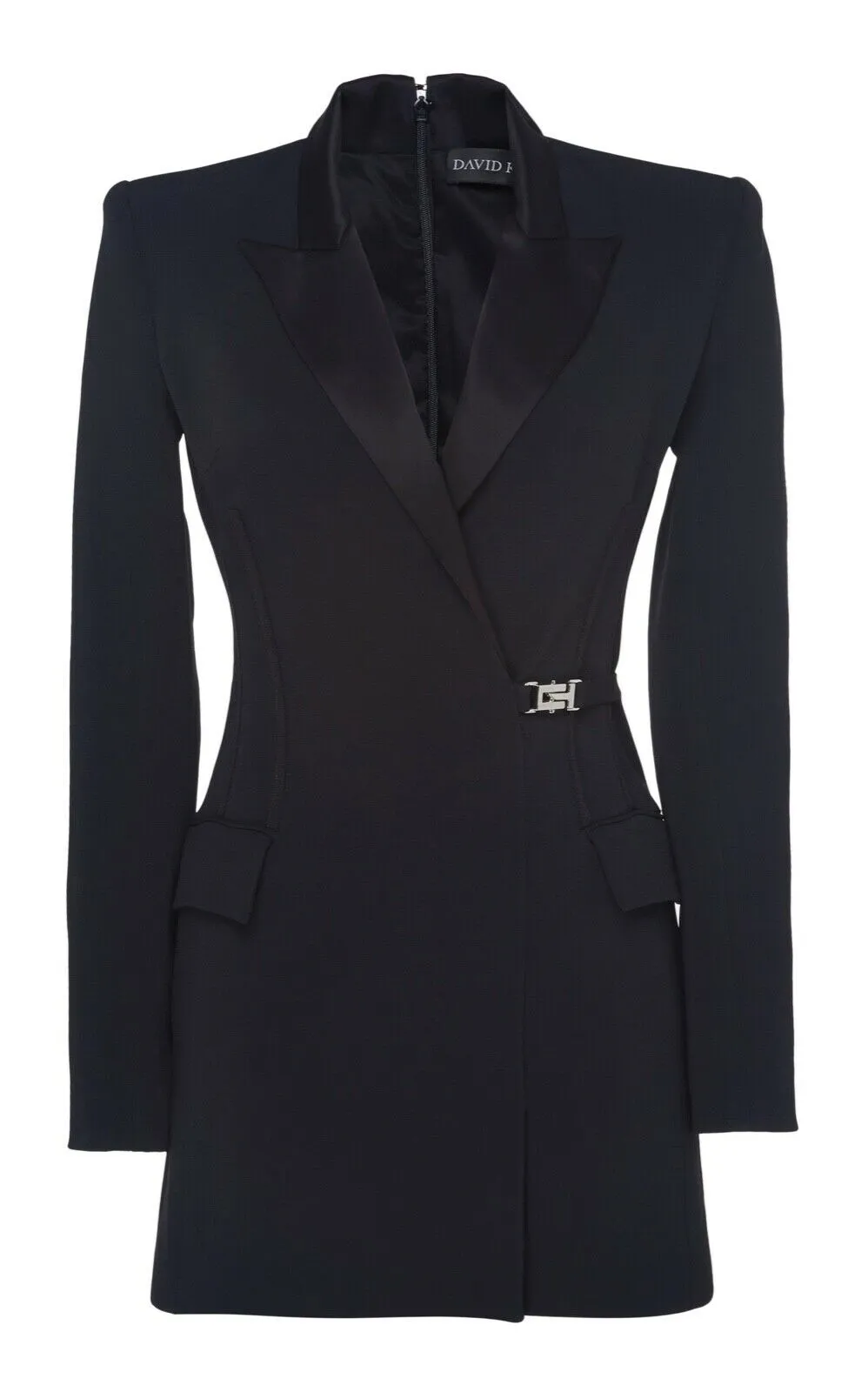 David Koma Black Satin Buckle Detail Blazer Dress