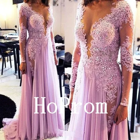 Deep V-Neck Prom Dresses,Long Sleeve Prom Dress,Evening Dress