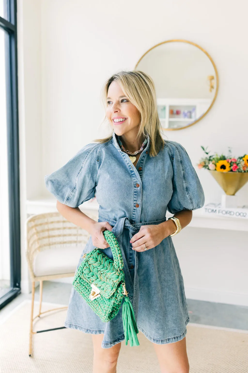 Denim Bow Flare Mini Dress