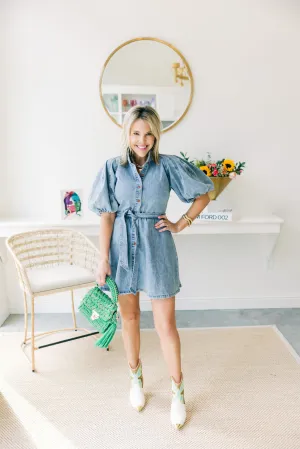 Denim Bow Flare Mini Dress