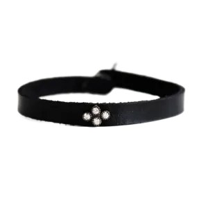Diamond Silver Cross Black Leather Bracelet